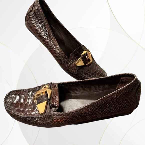 Stuart Weitzman Shoes - Stuart Weitzman Croc Embossed Patent Leather Loafers Brown